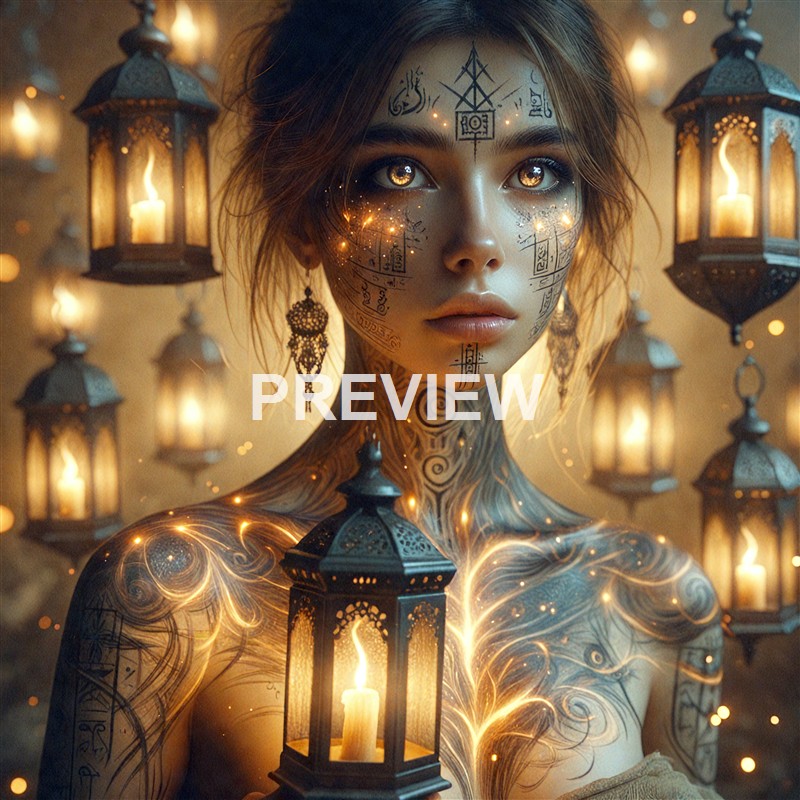 A woman with intricate tattoos and glowing eyes is surrounded by floating lanterns and candles, creating a mystical and enchanting atmosphere.